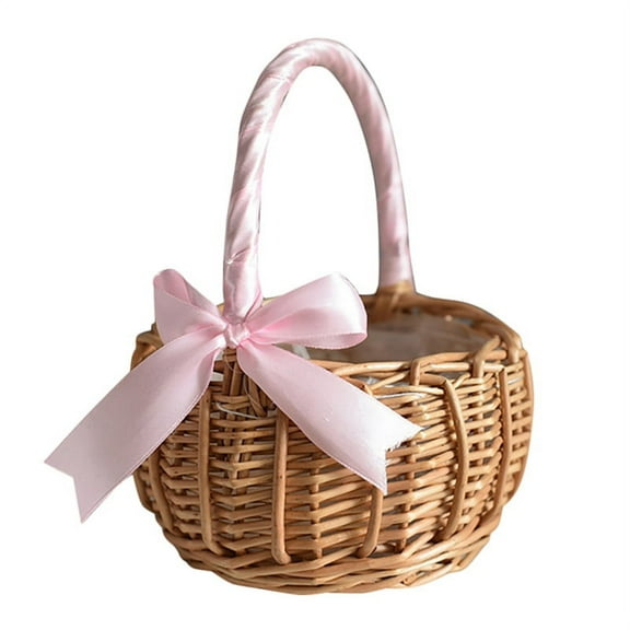 Wicker Woven Flower Basket, with Handle and Ribbon, Wedding Flower Girl Baskets, for Home Garden Decoration(S)