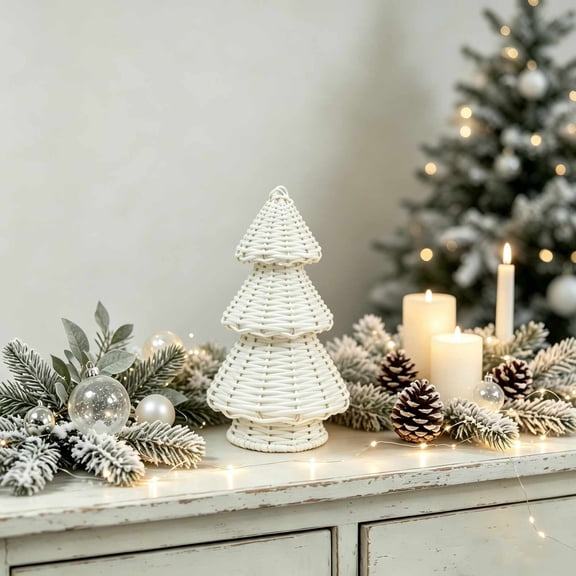 Wicker Woven Rattan Christmas Trees Tabletop Indoor Decoration White