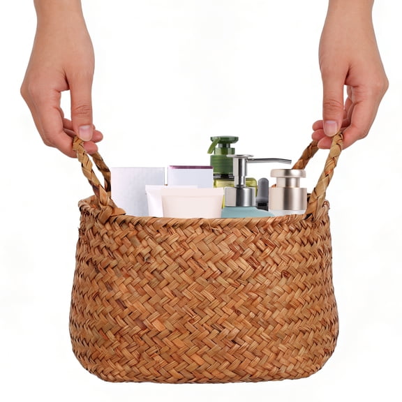 Seagrass Woven Storage Basket for Desktop Sundries, Flower Arrangements, and Room Organization