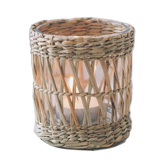 Wicker Woven Tea Light Candle Holder, Decorative Handcraft Woven Votive Candle Holder, Rustic Vintage Seagrass Glass Votive Candle Holders for Dining Table Kitchen Décor