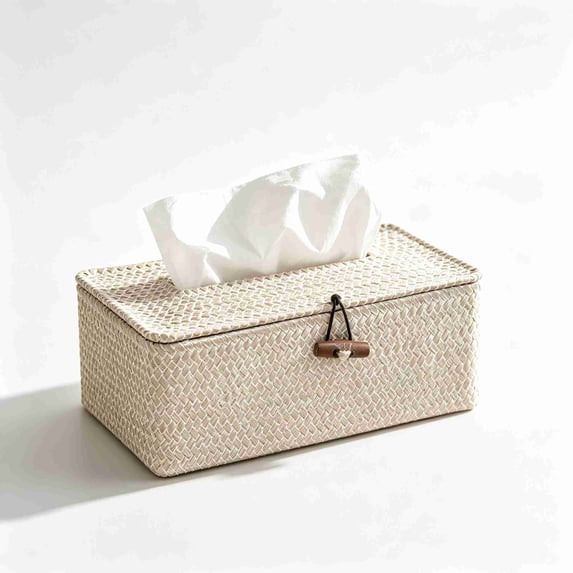 Wicker Woven Tissue Box Cover, Seagrass Rectangular Napkin Holder, Decorative Rattan Facial Tissue Holder, Vintage Pumping Paper Case Dispenser for Bathroom, Bedroom, Shelves, Living Room (Whitewash)