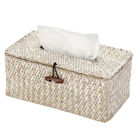 Wicker Woven Tissue Box Cover, Seagrass Rectangular Napkin Holder, Decorative Rattan Facial Tissue Holder, Vintage Pumping Paper Case Dispenser for Bathroom, Bedroom, Shelves, Living Room (Whitewash)