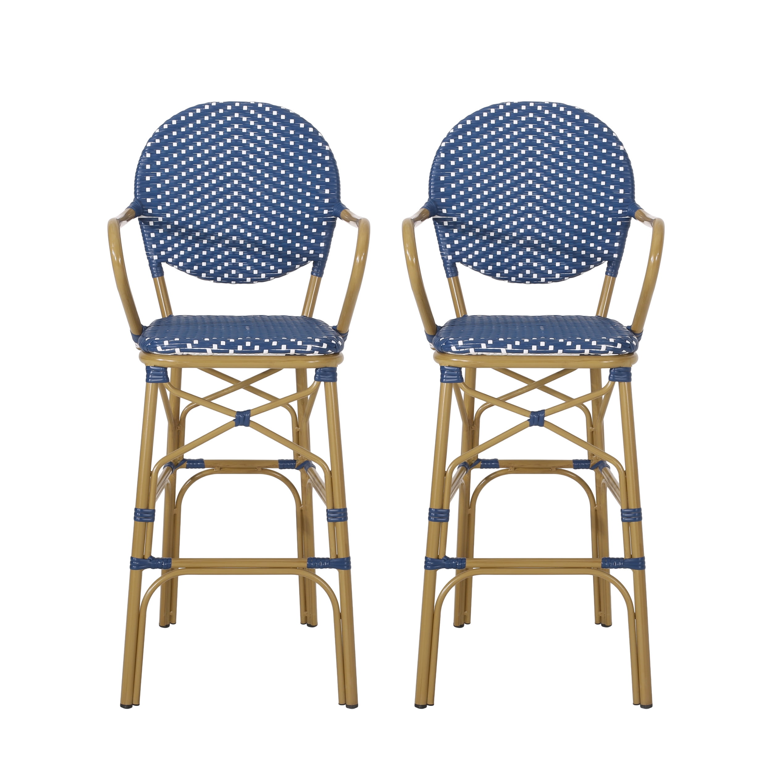 Wicker and Aluminum Outdoor 29.5 Inch French Barstools Set of 2 Navy Blue White and Bamboo Print Finish