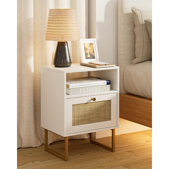 Wicker bedside table, modern bohemian farmhouse-style wooden bedside cabinet with storage drawer and open shelving, gold-trimmed small frame side table, suitable for bedrooms, living rooms, and offic