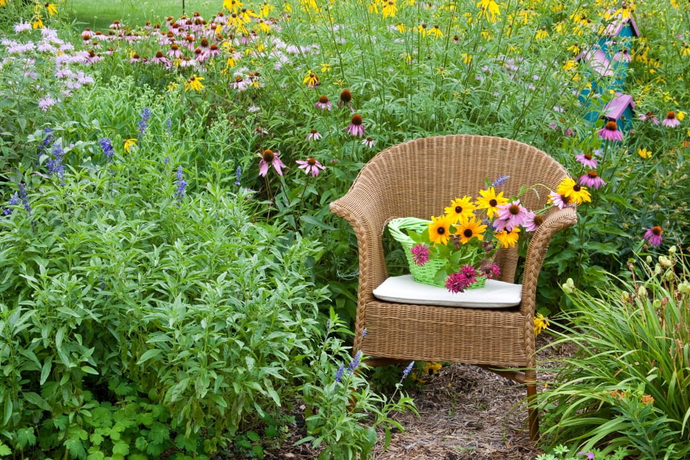Wicker chair with basket and birdhouse in flower garden Marion County Illinois USA Canvas Art - Panoramic Images (24 x 36)
