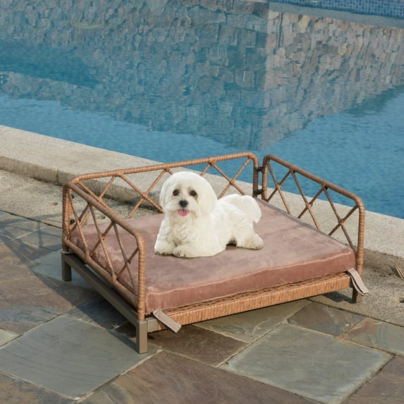 Wicker pet bed rattan dog sofa bed outdoor indoor water resistant, Brown