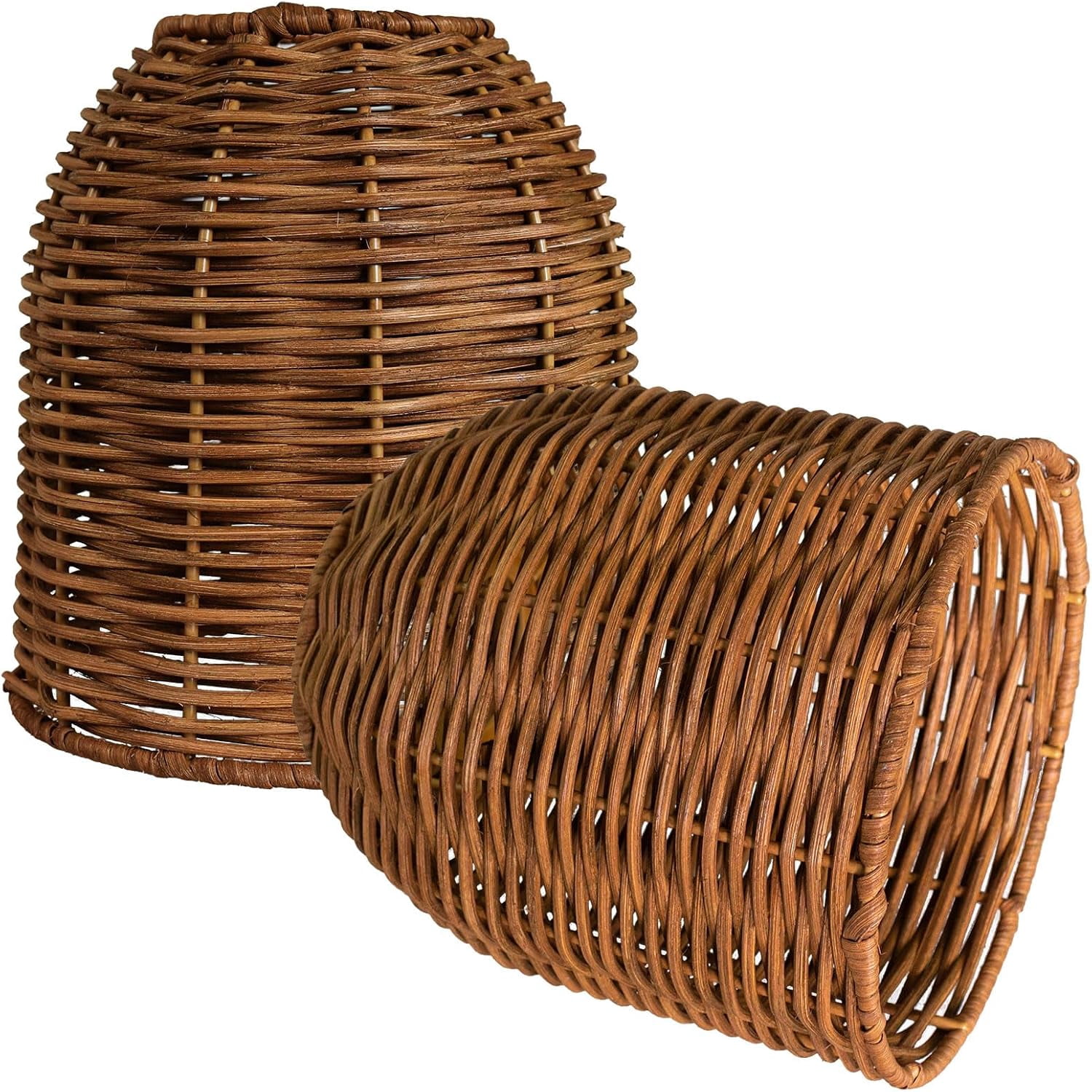 2-Pack Boho Rattan Lampshades - Handwoven Wicker, Dark Brown, Flower Design For Table & Floor Lamps