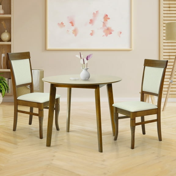 Wickerix 3 Piece Dining Set, 2 Classic Style Solid Wood Ronda Upholstered Chairs w Round Dining Table, Kitchen Set for Two, Living Room Set, Medium Brown Color