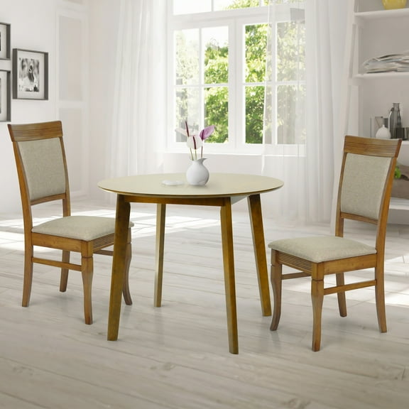 Wickerix 3 Piece Dining Set, 2 Classic Style Solid Wood Ronda Upholstered Chairs w Round Dining Table, Kitchen Set for Two, Living Room Set, Medium Brown Color