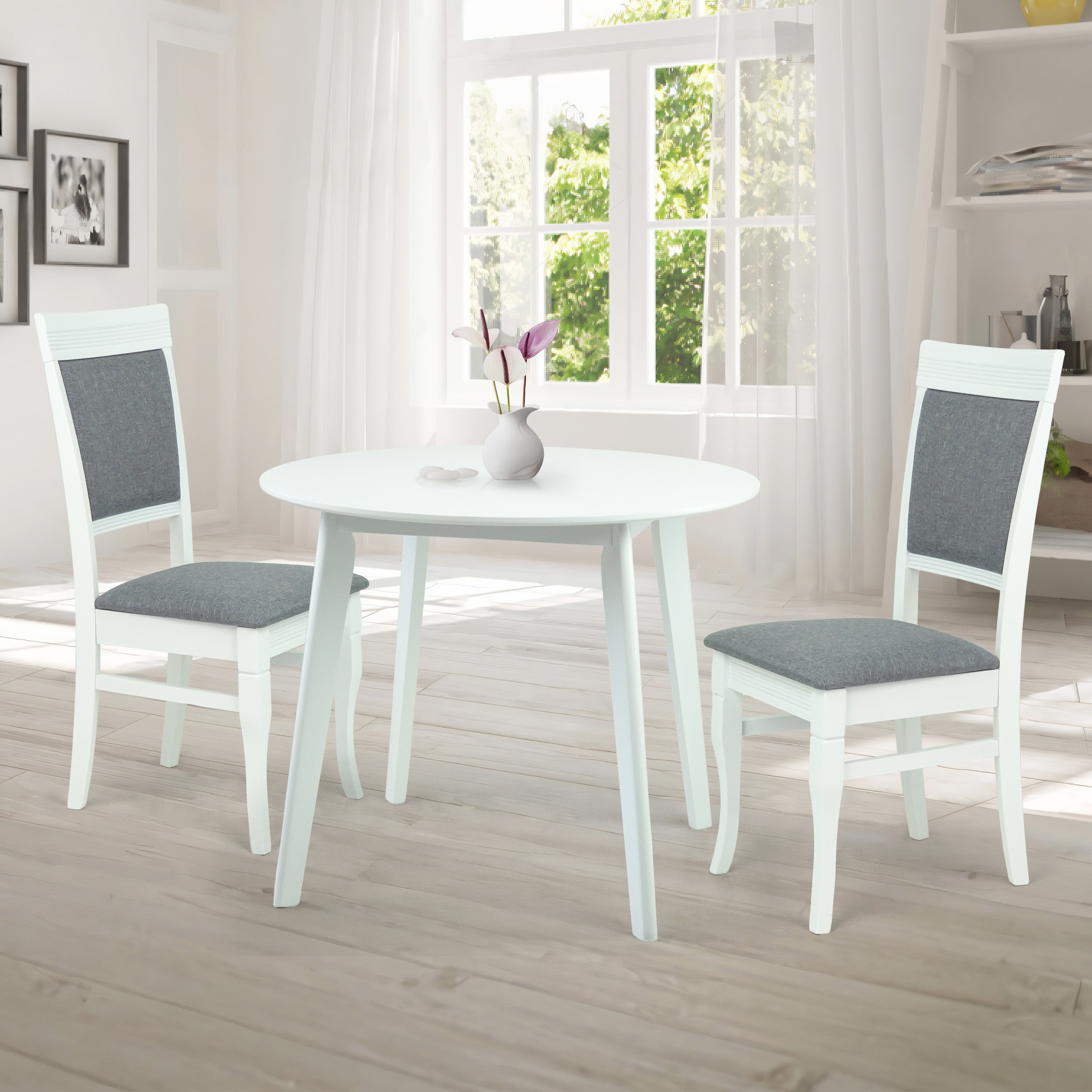 White and Light Gray Solid Wood Round Dining Set with Upholstered Chairs