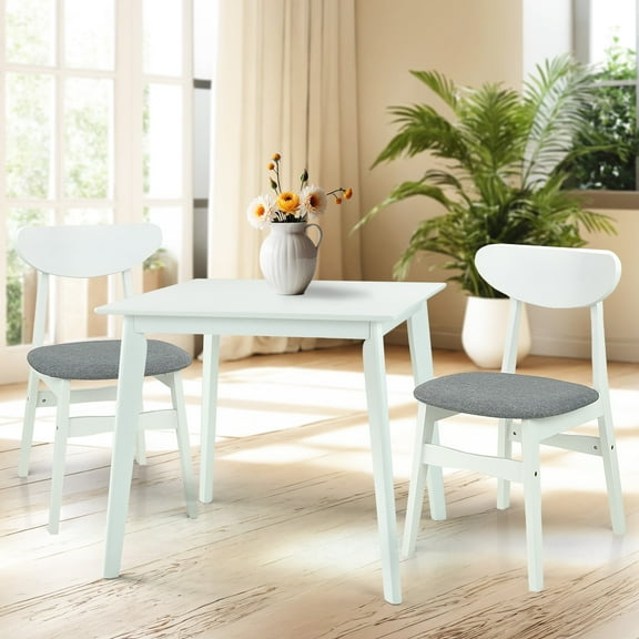 Wickerix Dining Room Set of 2 Yumiko Chairs and Square Dining Table Kitchen Modern Solid Wood w/Padded Seat, White Color
