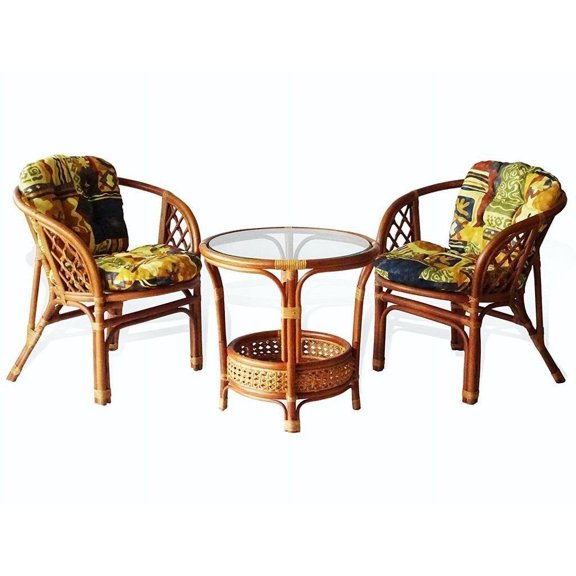 Wickerix Lounge Set of Bahama Armchairs w/Cushion and Round Coffee Table, Natural Rattan