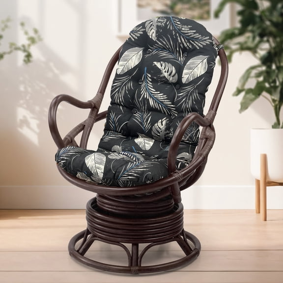 Wickerix Lounge Swivel Rocking Java Chair Natural Rattan Wicker Handmade, Dark Brown color with Black Leaf Cushion