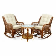 Wickerix Malibu Handmade Natural Rattan Living Room Set of 2 Rocking Lounge Chairs and Coffee Table, Colonial Color