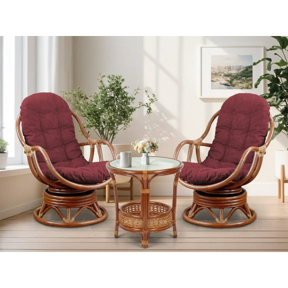 Wickerix Set of 2 Bali Lounge Swivel Rocking Chairs with Dark Brown Cushion and Pelangi Round Coffee Table Natural Rattan Wicker Handmade, Colonial