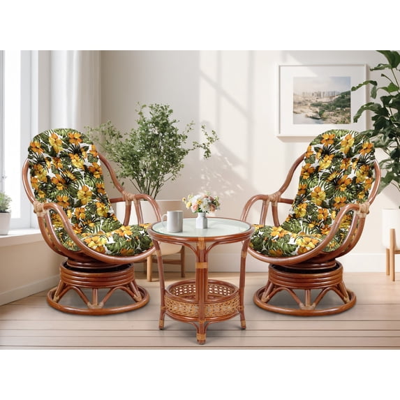 Wickerix Set of 2 Bali Lounge Swivel Rocking Chairs with Floral Cushion and Pelangi Round Coffee Table Natural Rattan Wicker Handmade, Colonial