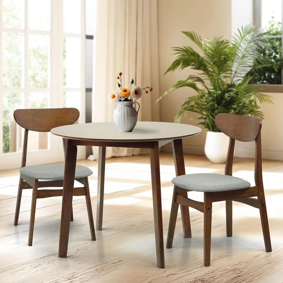 Wickerix Set of 3 Dining Kitchen Round Table and 2 Yumiko Side Chairs Solid Wood w/Padded Seat Medium Brown