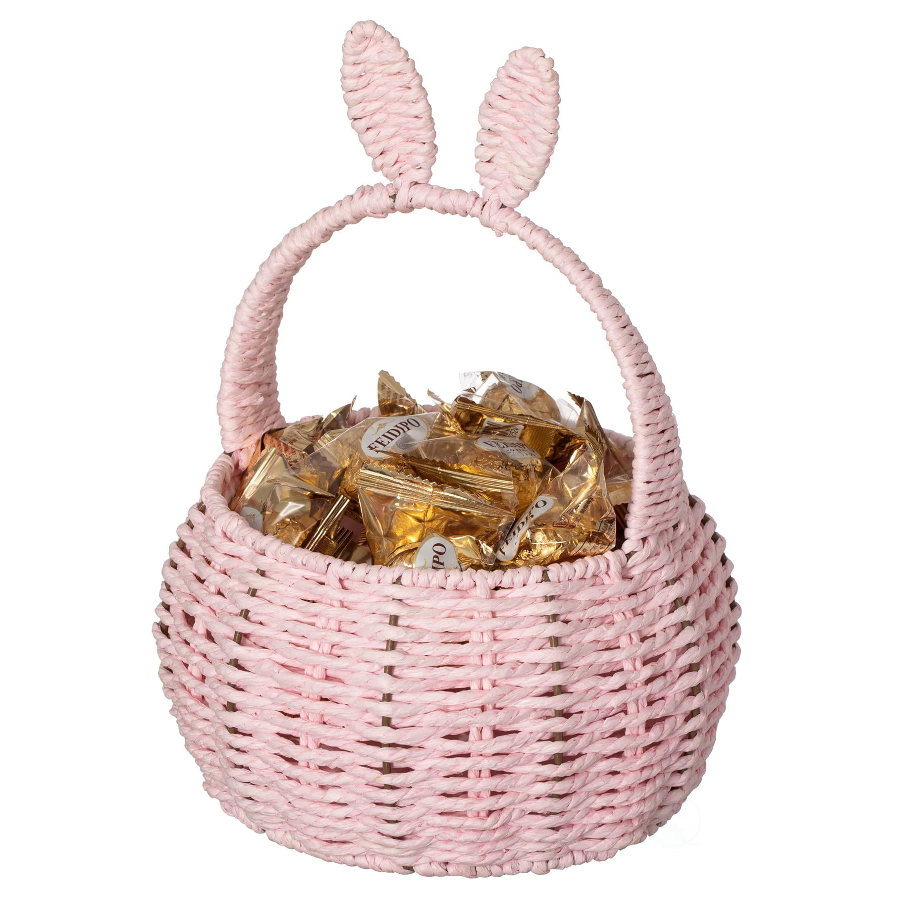 Wickerwise Hand-Woven Easter Bunny Ear Basket with Handle – Multi-Purpose Paper Rope Wicker Basket for Easter Egg Hunts, Picnics, Flower Arrangements, Food Storage, Party, and Home Decor, Pink