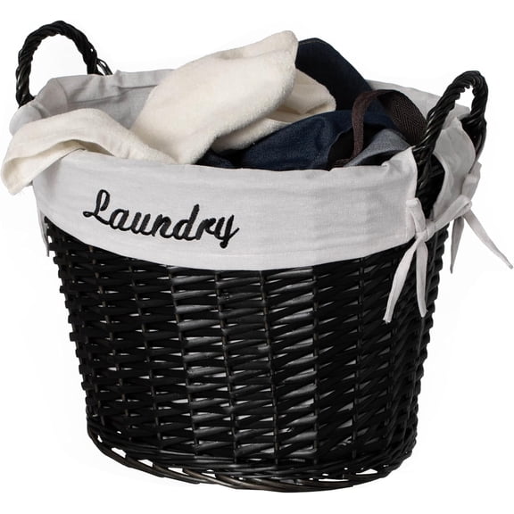 Wickerwise Handwoven Laundry Basket with Liner & Handles - Boho Decorative Storage Hamper for Clothes Blankets Pillows and Towels - Ideal for Laundry Room Bathroom Bedroom and Living Room, Black