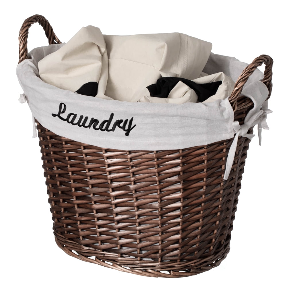 Handwoven Brown Wicker Laundry Hamper with Liner and Handles