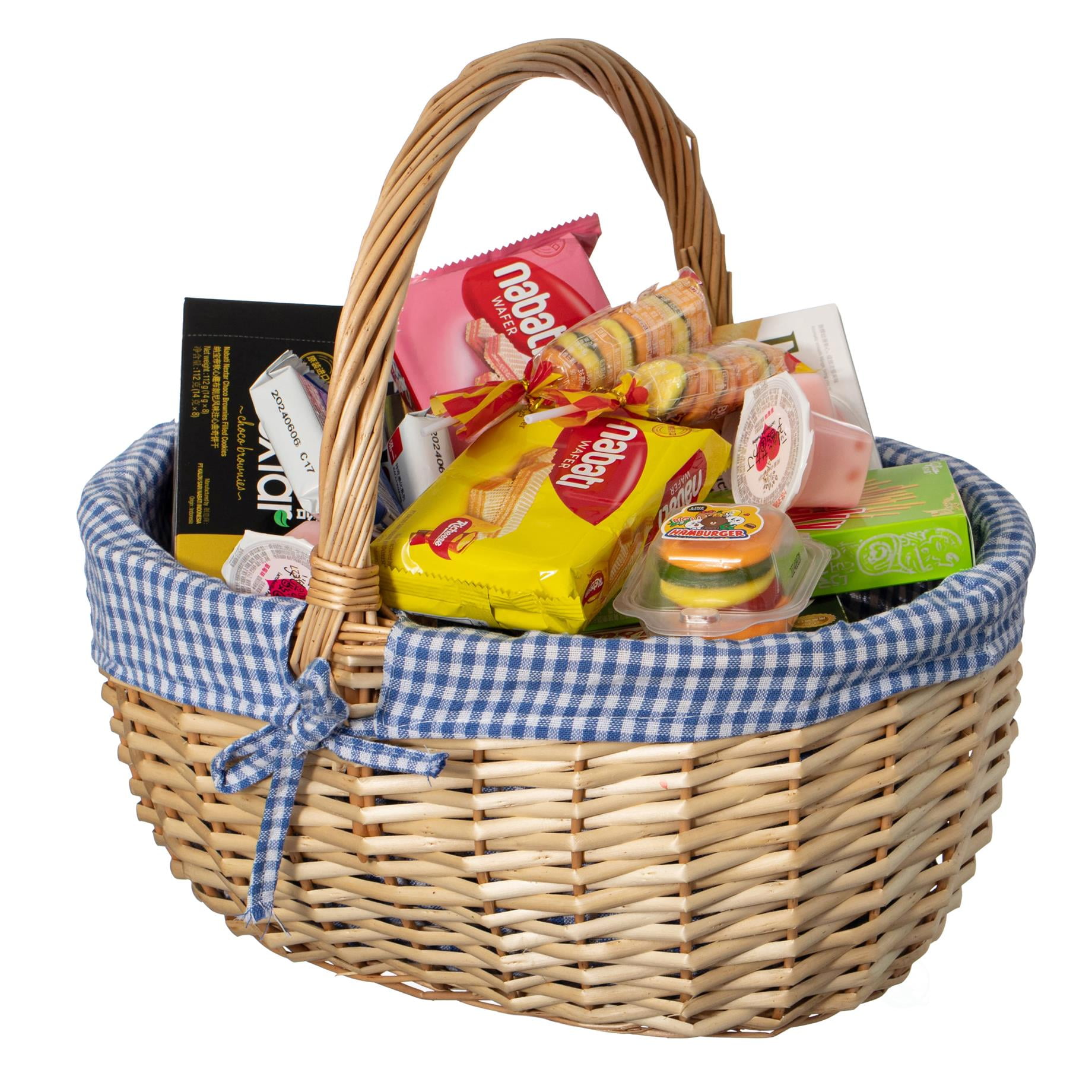 Large Natural Wicker Picnic Basket with Blue Plaid Liner