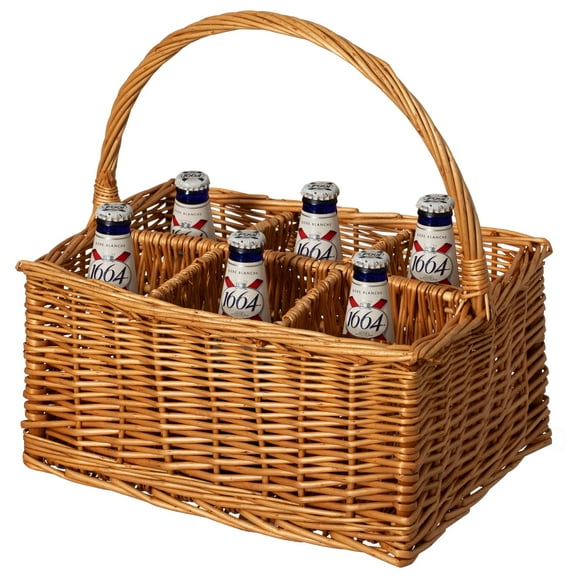 Wickewise Indoor and Outdoor 6 Bottle Wine and Beverage Wicker Tote Basket  Perfect for Beer, Champagne, Bar Accessories, Home Bars, Picnics, Parties, and Bachelor Party Favors, Brown