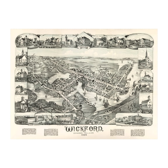 Wickford Art, 1888 Vintage Map of Wickford Rhode Island, RI History Wall Decor Gift, Old Wickford Map - 24" x 18" Unframed Print