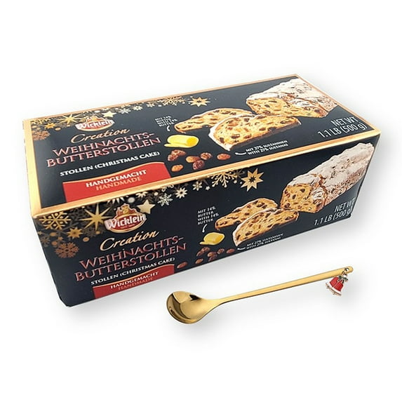 Wicklein Deluxe Christmas Butter Stollen Handmade 1.1 lb. (500 g) with Bonus Gift Gold Holiday Stainless Steel Spoon (2-Pc Set)