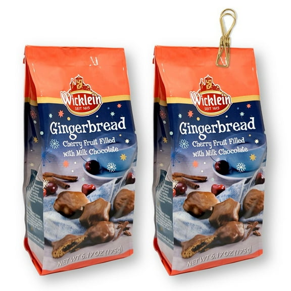 Wicklein Gingerbread Cherry Fruit Filled Milk Chocolate Cookies 7.05 Oz. X 2 with Vintage Design Metallic Wire Bag Ciip (3-Pc Set)