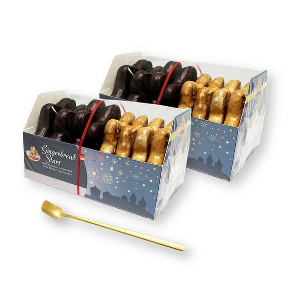 Wicklein Nurnberger Gingerbread Lebkuchens 2 Assorted STARS Glazed & Dark Chocolate Glazed Fruit Filling 6.17 Oz./175 g. X 2 with Gold Stainless Steel Stirring Spoon (3-Pc Set)