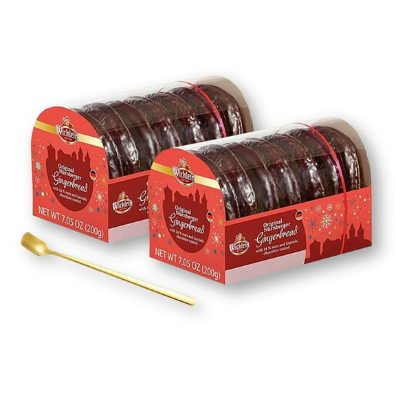 Wicklein Original Nurnberger Lebkuchen Chocolate Glazed Gingerbread Cookies 7.05 oz. x 2 with Gold Stainless Steel Stirring Spoon (3-Pc Set)