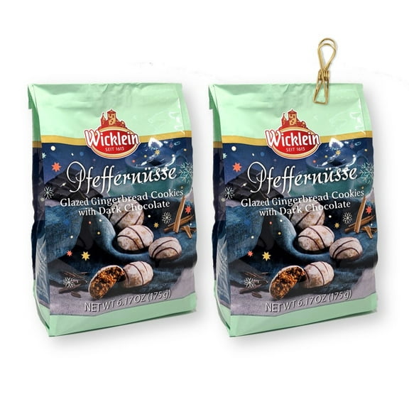 Wicklein Pfeffernusse Glazed Gingerbread Cookies with Dark Chocolate Drizzled 6.17 Oz. /175 g. X 2 with Vintage Design Metallic Wire Bag Clip (3-piece set)