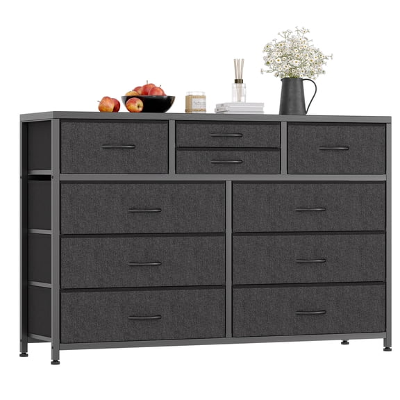 Wide 10 Drawer Dresser,TV Stand Entertainment Center Fabric Storage Dressers Drawers for Bedroom, Hallway, Nursery, Closets, Steel Frame, Wood Top