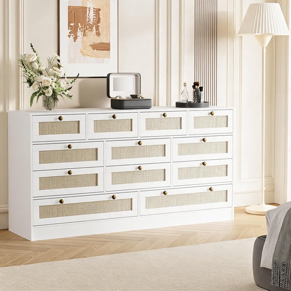 Wide 12 Drawer Engineered Wood Dresser With Rattan Drawer Panels For Storage And TV Placement