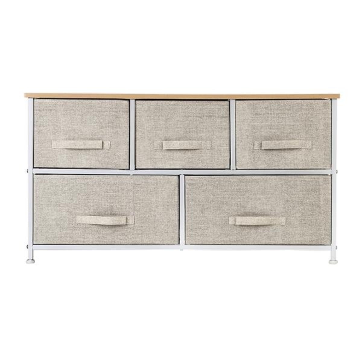 Wide 2Tier Nursery Dresser Tower with 5 Easy Pull Linen/Natural Fabric