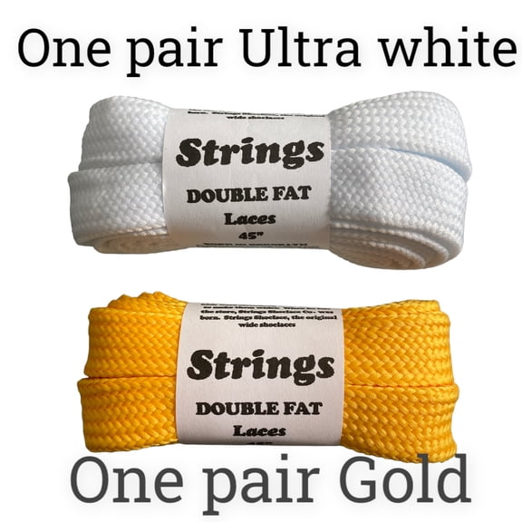 Wide 3/4 inch Shoe Laces Authentic 45" Length 1 Pair Ultra White and 1 Pair Gold. STRINGS Shoe Lace Co