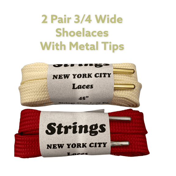 Wide 3/4 inch Shoelaces 45" Length Off White w/ Gold Metal Tips and Red w/ Silver Metal Tips. New from the 80s STRINGS Shoe Lace Co