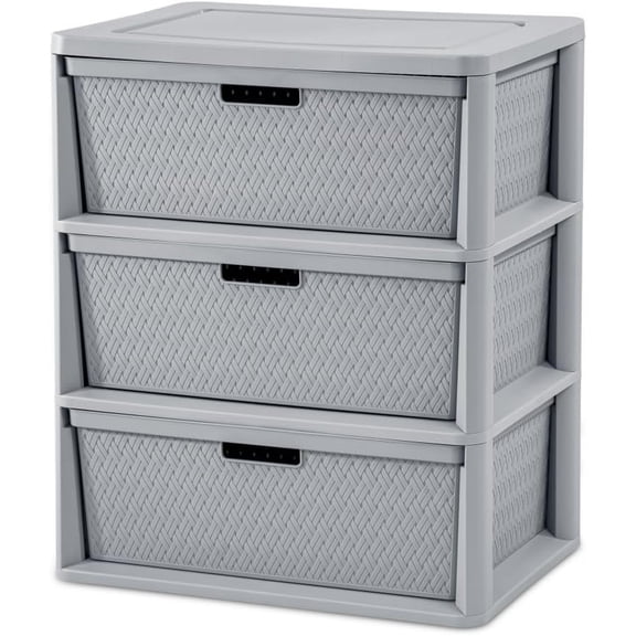 Wide 3-Drawer Plastic Storage Tower, Cross-Weave Decorative Organizer Chest with Removable Bins and Easy-Pull Handles for Closet, Bedroom, Dorm, and Office (Grey)