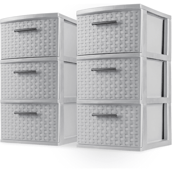 Wide 3 Drawer Storage Organizer Tower, Cement Finish, 2 Pack, Home Storage