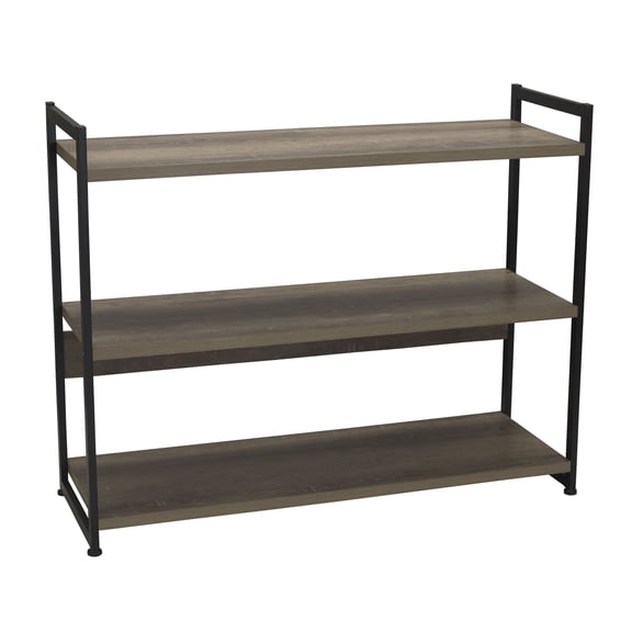 Wide 3 Shelf Open Storage Bookshelf Ashwood Wood Grain And Black Metal