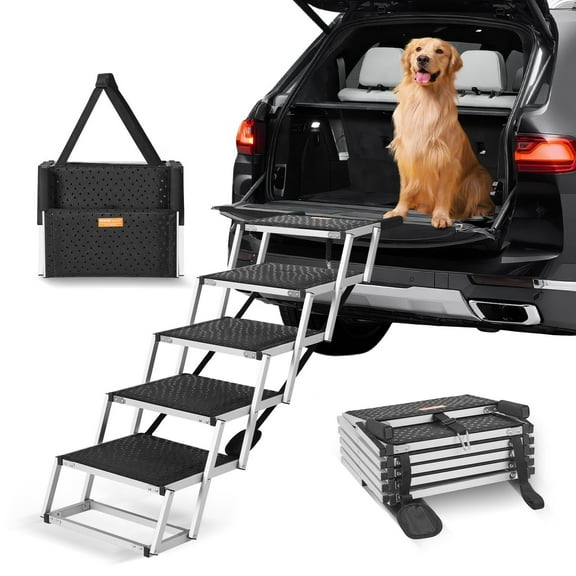 Wide 5 Step Folding Dog Car Ramp Stairs with Non Slip Surface Portable Lightweight Aluminum Pet Steps for SUV Truck Supports 150 lbs