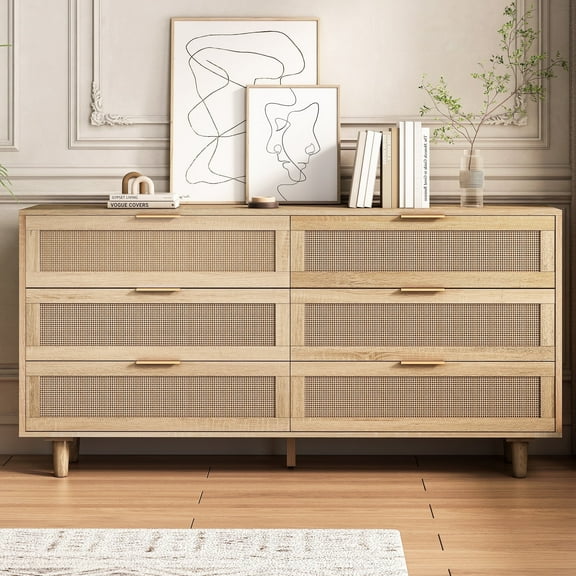Wide 6 Drawer Rattan Dresser, Boho Dresser for Bedroom, Wooden Dresser Chest of Drawers, Natural