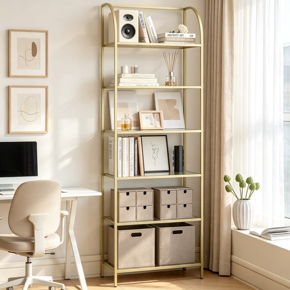 Wide 6-Tier Tempered Glass Arched Bookshelf Slim Shelving Unit with Steel Frame, Gold, for Bedroom, Bathroom, Home Office