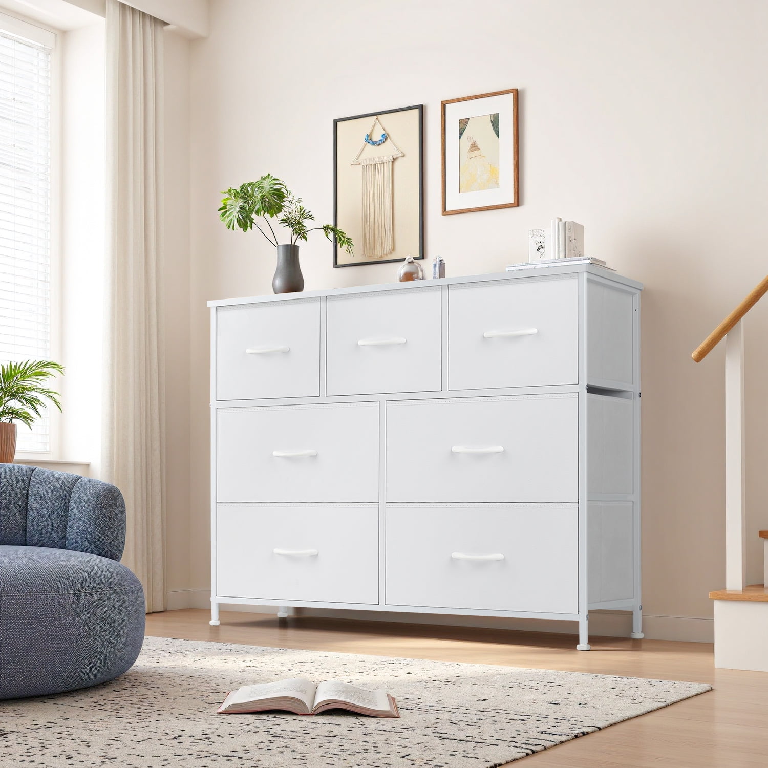 TINKLE WELL Wide 7 Drawer Fabric Dresser, Soft Storage Unit with Bins for Clothes, Toys, Linens, Fits Bedroom, Living Room, Hallway, White