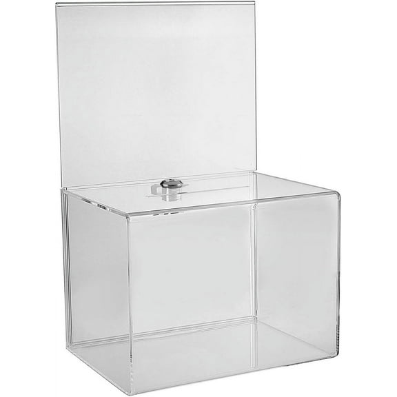 Wide Acrylic Charity Donation Ballot box Fundraising Coin collection Tip box 8.5" x 6.5" x 5" office Suggestion Box Piggy Bank ticket box with large 8.5" x 6.5" Display area with lock and keys
