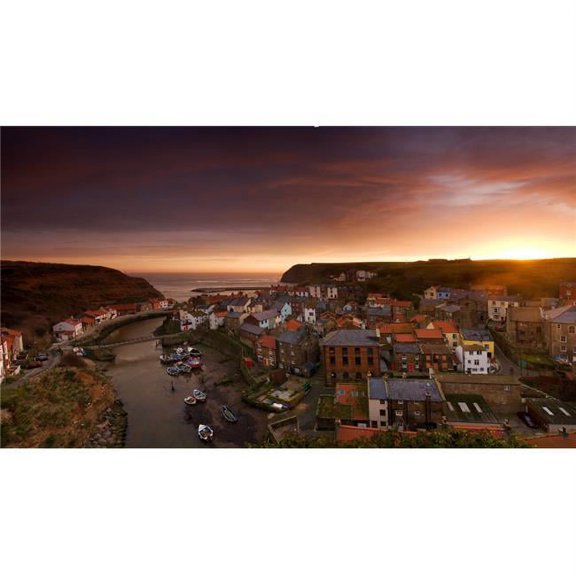 Wide Angle Cityscape At Sunset Staithes Yorkshire England Poster Print by John Short - 23 x 13