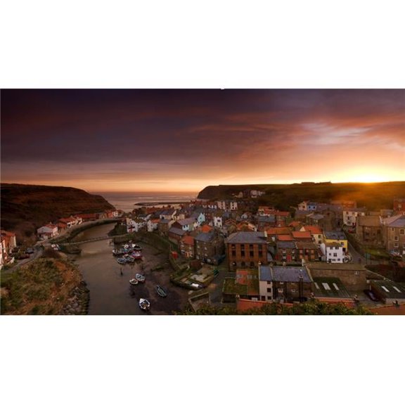 Wide Angle Cityscape At Sunset Staithes Yorkshire England Poster Print by John Short - 44 x 25 - Large