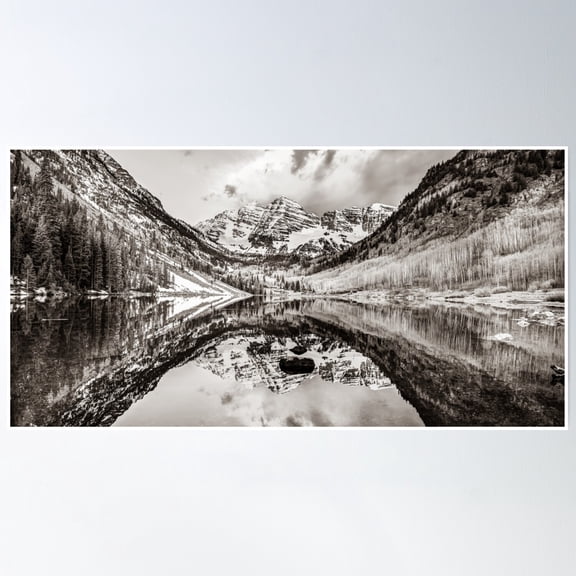 Wide Angle Maroon Bells Panoramic Landscape - Sepia Poster Wall Art, Modern Wall Decor, 8x12 UNFRAMED