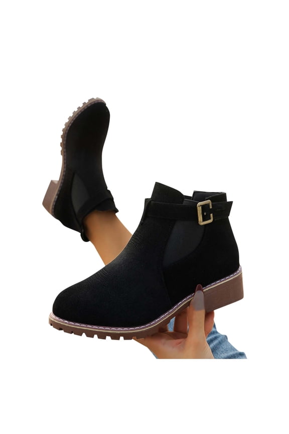 Wide Ankle Boots for Women Fashionable and Casual Versatile Cool Solid Color Square Heel Boots with Belt Buckle Fall And Winter Fashion Soft Comfortable Low Heel Thick Heel Short Boots
