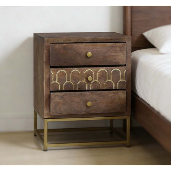 Wide Antique Nightstand with Large Drawers - Farmhouse Bedside Table for Storage, Spacious Side Table with 3 Drawers, Mango Wood & Gold Legs